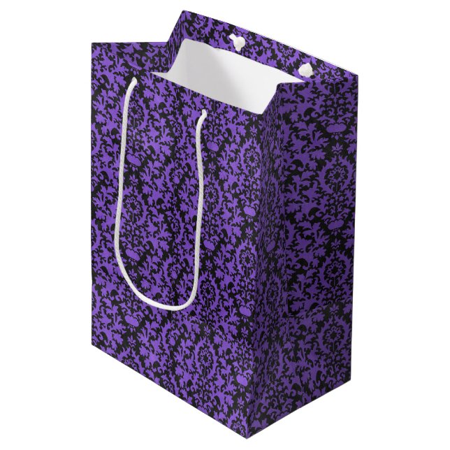 Halloween Victorian Purple & Black Brocade Damask Medium Gift Bag (Front Angled)