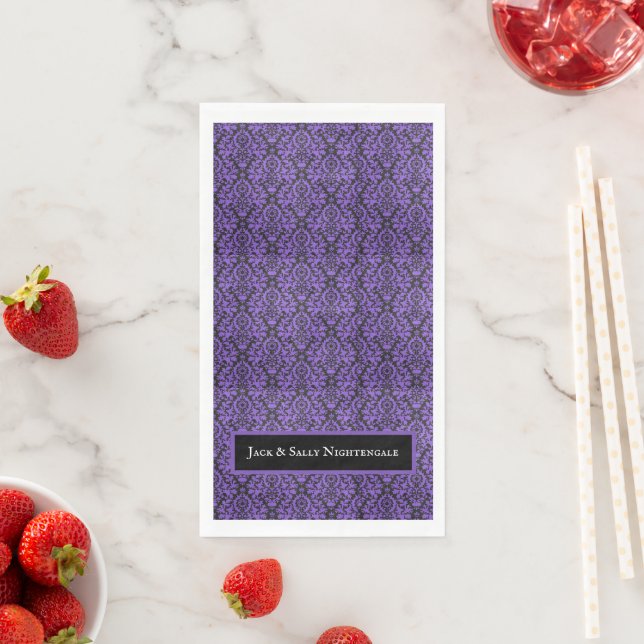 Halloween Victorian Purple & Black Brocade Damask Napkin (Insitu)