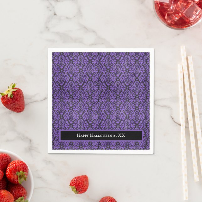 Halloween Victorian Purple & Black Brocade Damask Napkin (Insitu)