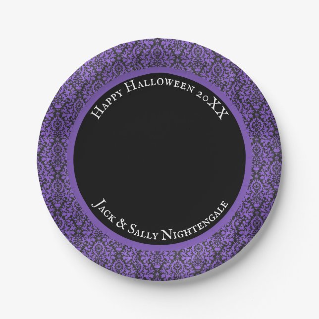 Halloween Victorian Purple & Black Brocade Damask Paper Plate (Front)