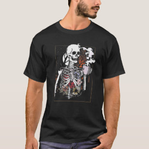 Halloween Vintage Coffee Drinking Skeleton Skull T-Shirt