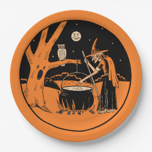 Halloween Vintage Design - Witch in the Forest Paper Plate