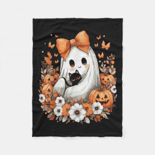 Halloween Vintage Ghost With Black Cat Pumpkin Flo Fleece Blanket