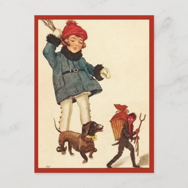 Halloween Vintage Girl and Dachshund Chase Devil Postcard (Front)