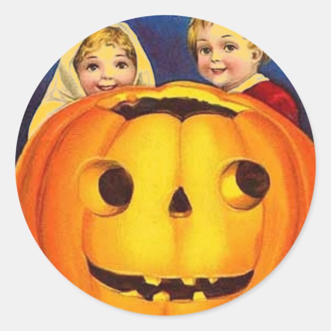 Halloween Vintage Kids & Pumpkin Classic Round Sticker (Front)
