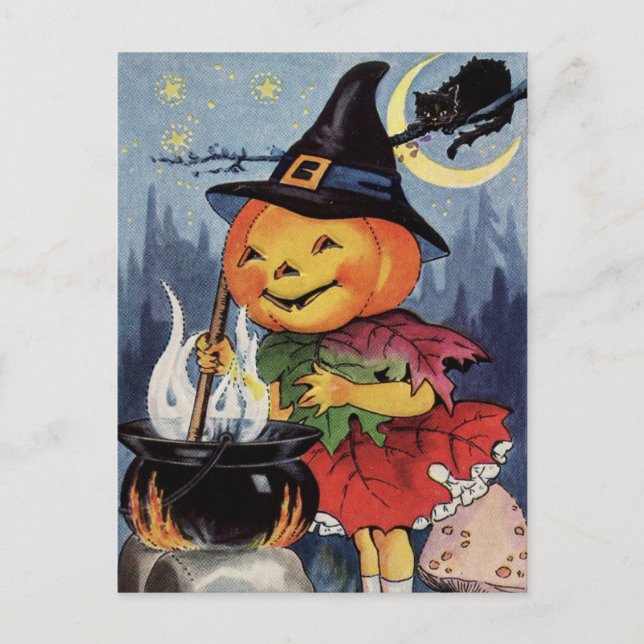 Halloween Vintage Pumpkin Witch MoonPostcard Holiday Postcard (Front)