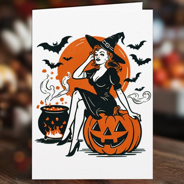 Halloween Vintage Witch on Pumpkin Bats Cauldron   Card (Creator Uploaded)