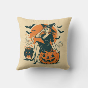 Halloween Vintage Witch on Pumpkin Bats Cauldron Throw Pillow