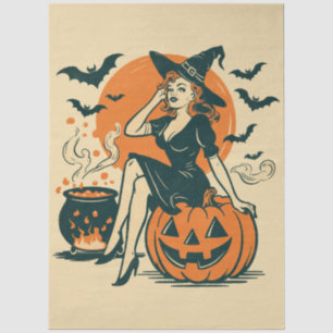 Halloween Vintage Witch on Pumpkin Bats Cauldron Tissue Paper