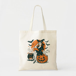 Halloween Vintage Witch on Pumpkin Bats Cauldron Tote Bag