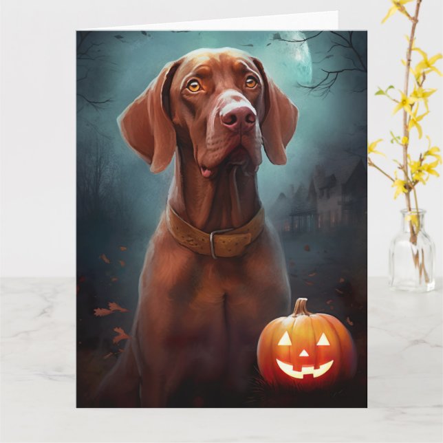 Halloween Vizsla With Pumpkins Scary Card (Yellow Flower)