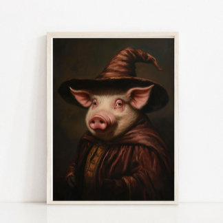 Halloween Wall Art, Cute Wizard Pig Vintage Painti Poster