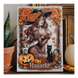 Halloween Wall Art: Woman with Black Hat & Orange Poster