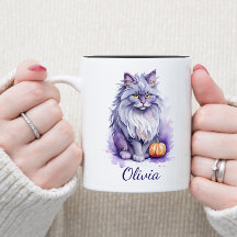 Halloween watercolor angora cat with pumpkin