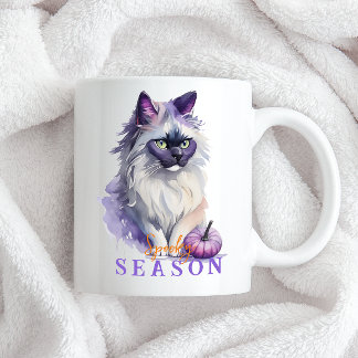 Halloween watercolor birman cat with pumpkin coffee mug
