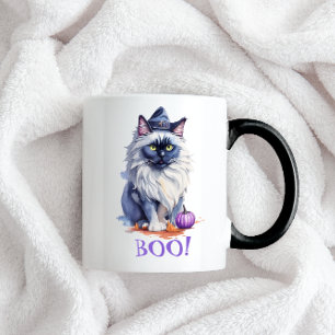 Halloween watercolor birman cat with pumpkin mug
