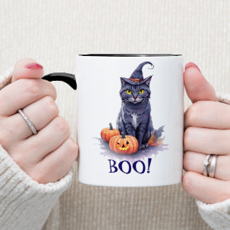 Halloween watercolor black cat with pumpkin mug