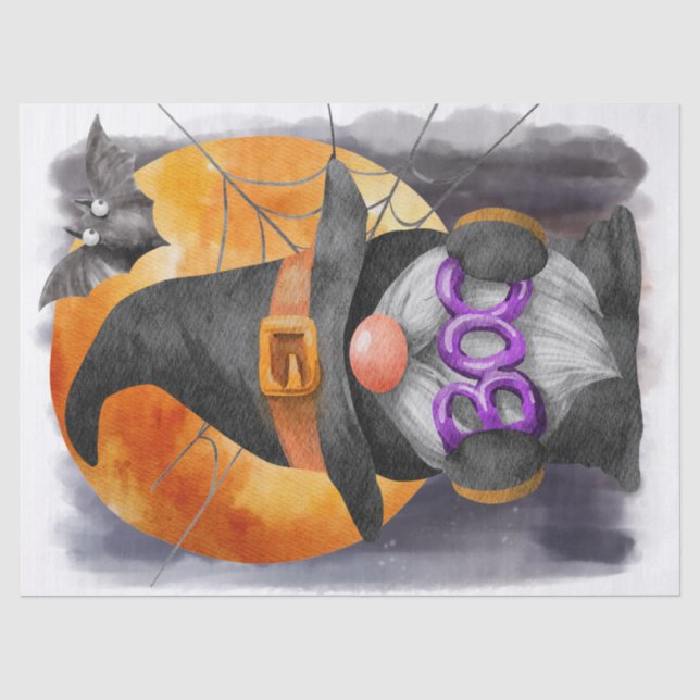 Halloween Watercolor Boo Gnome Tissue Paper (Front)