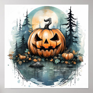 Halloween Watercolor Creepy Pumpkin In Forest Poster