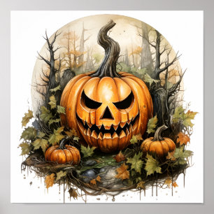 Halloween Watercolor Creepy Pumpkin In Forest Poster