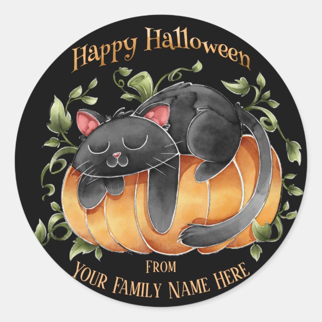 Halloween - Watercolor Cute Kitten and Pumpkin Classic Round Sticker (Front)