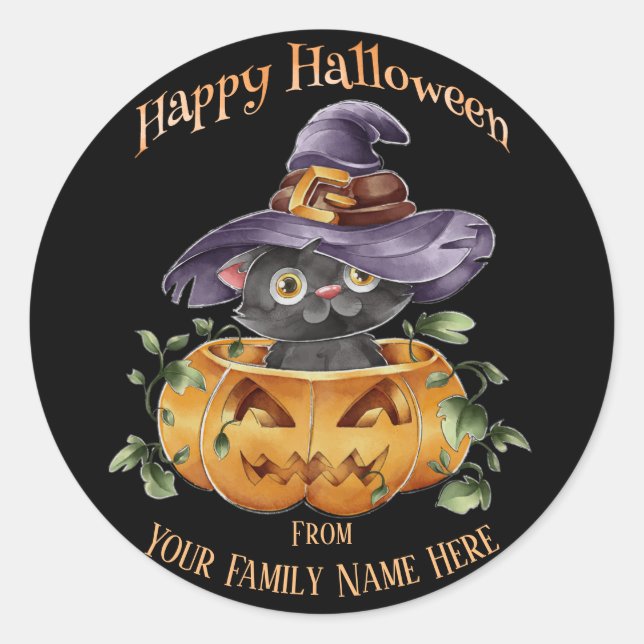 Halloween - Watercolor Cute Kitten in Pumpkin Classic Round Sticker (Front)