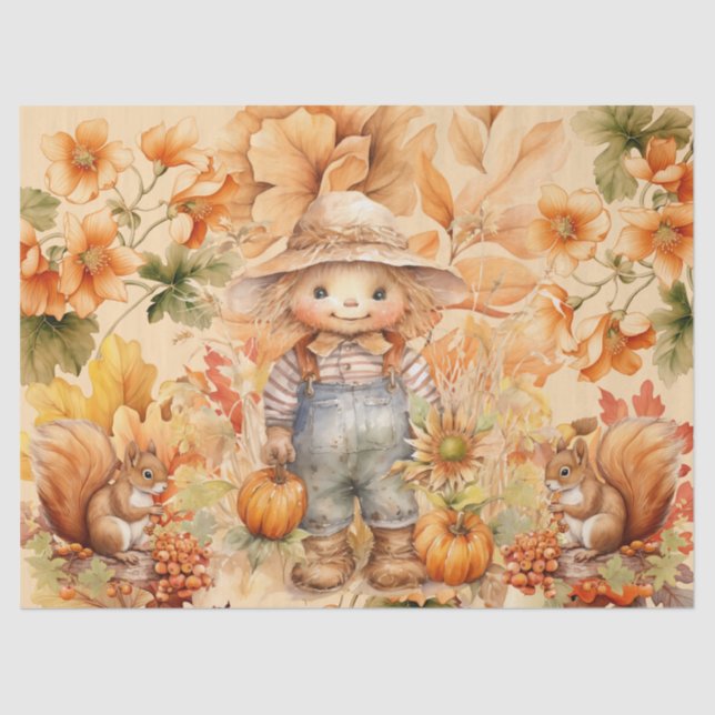 Halloween Watercolor Foliage & Scarecrow Decoupage Tissue Paper (Front)