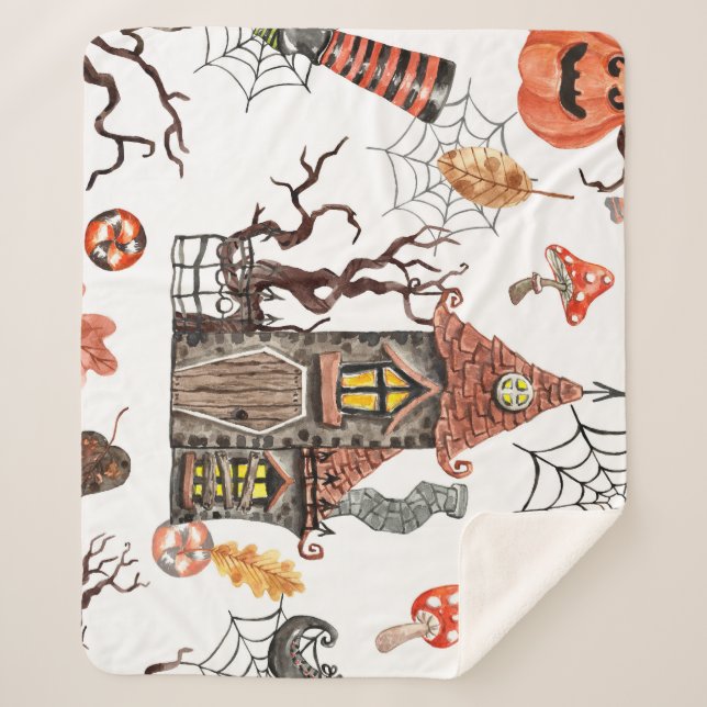 Halloween Watercolor: Haunted House Pattern. Sherpa Blanket (Front)