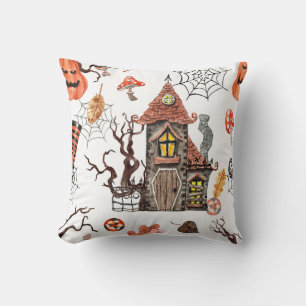 Halloween Watercolor: Haunted House Pattern. Throw Pillow