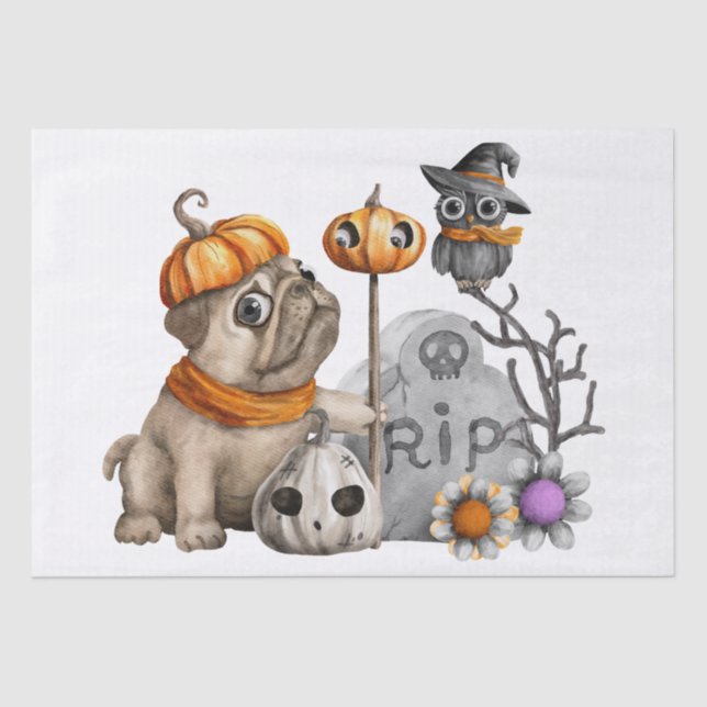 Halloween Watercolor Pug Dog Owl Tissue Paper (Front)