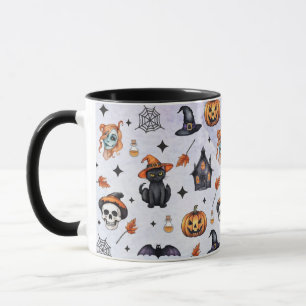 Halloween Watercolor Pumpkin Cat Skull Pattern Mug