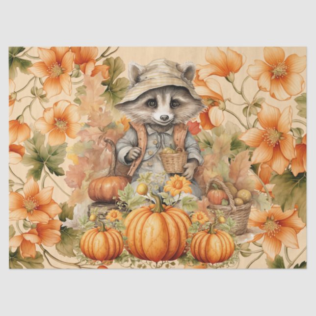 Halloween Watercolor Raccoon & Pumpkins Decoupage Tissue Paper (Front)