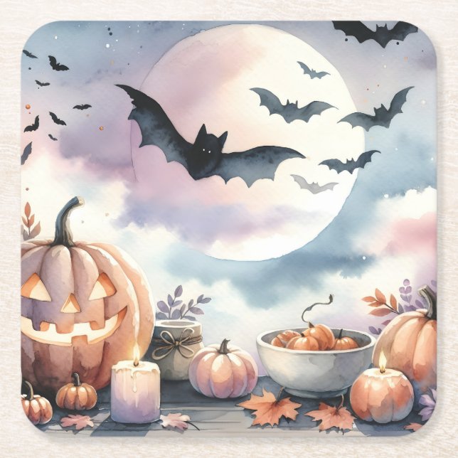 Halloween watercolor square paper coaster (Front)