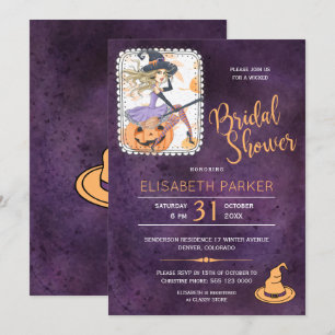 Halloween watercolor witch bridal shower party invitation