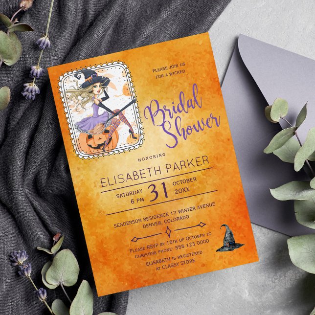 Halloween watercolor witch bridal shower party invitation (Creator Uploaded)
