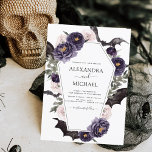 Halloween Wedding Autumn Fall Dark Invitation<br><div class="desc">Halloween October 31st Autumn Fall Dark Watercolor Purple and Green Wedding Invitations on Black background - includes haunting and scary elegant script typography with modern Flowers and Bat Wings for the special Creepy Wedding day celebration.</div>