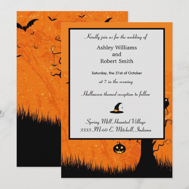 Halloween Wedding Invitation Flat Card Pumpkin (Front/Back)