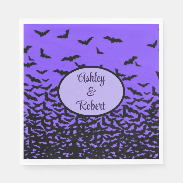 Halloween Wedding Personalize Names Fly Away Bats Napkin (Front)