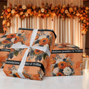 Halloween Wedding Personalize Names Pumpkin Mums Wrapping Paper