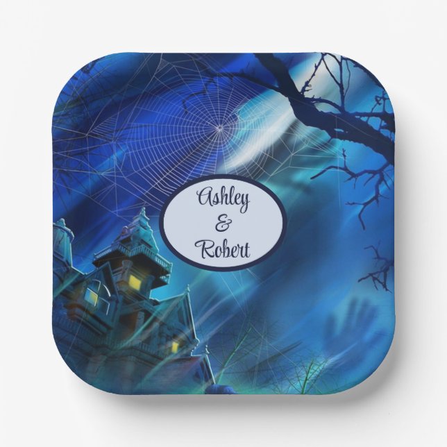 Halloween Wedding Personalize Names Spooky Haunts  Paper Plate (Front)