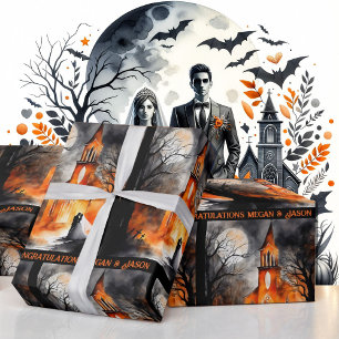 Halloween Wedding Personalize Names Spooky Wrapping Paper