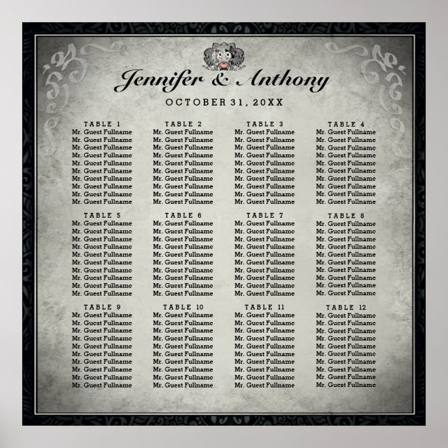 Halloween Wedding Skeletons Grey Seating Chart (Front)
