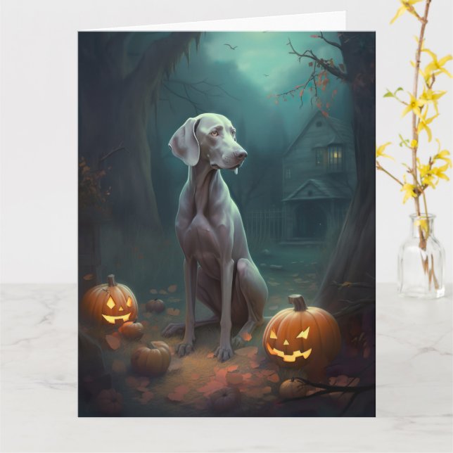 Halloween Weimaraner With Pumpkins Scary Card (Yellow Flower)