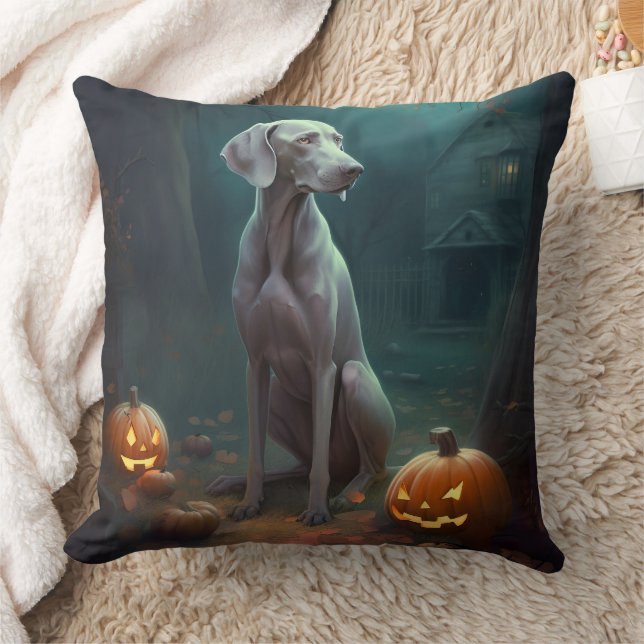 Halloween Weimaraner With Pumpkins Scary Throw Pillow (Blanket)
