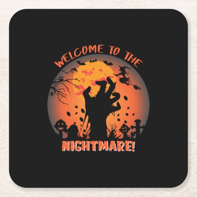 Halloween Welcome To The Nightmare Square Paper Coaster (Front)