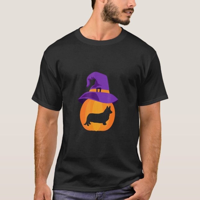 Halloween Welsh Corgi Pumpkin Witch Hat T-Shirt (Front)