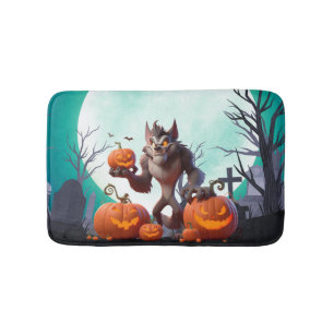 Halloween werewolf and pumpkins bath mat