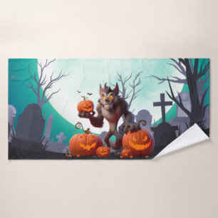Halloween werewolf and pumpkins bath towel