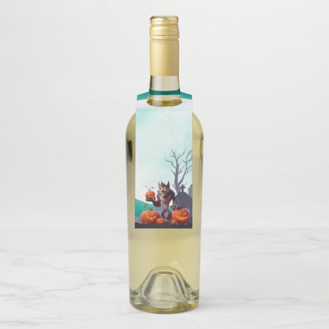 Halloween werewolf and pumpkins bottle tag (On Bottle)