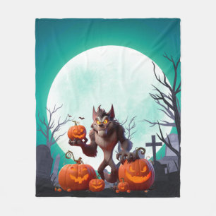 Halloween werewolf and pumpkins fleece blanket